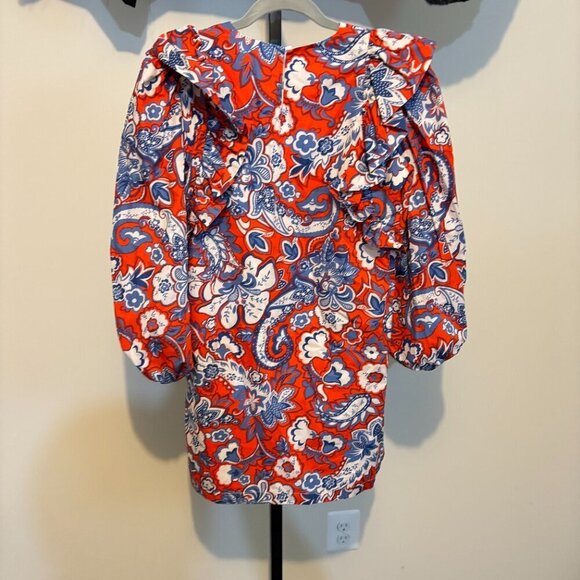 Zara Puff Sleeve Ruffle Floral Mini Dress Red Blue White - Picture 14 of 14